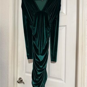 SHEIN Deep Green Velvet Long Sleeve Draped Dress